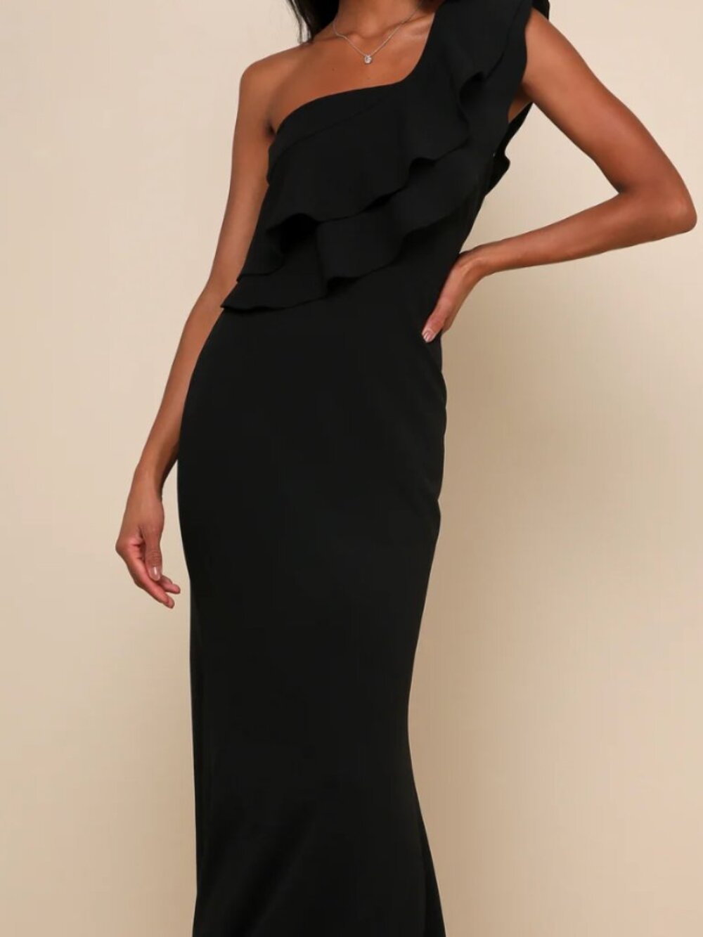 Lulus Grand Beauty Black Ruffled One-Shoulder Mermaid Maxi Dress, Sz Large, NWOT